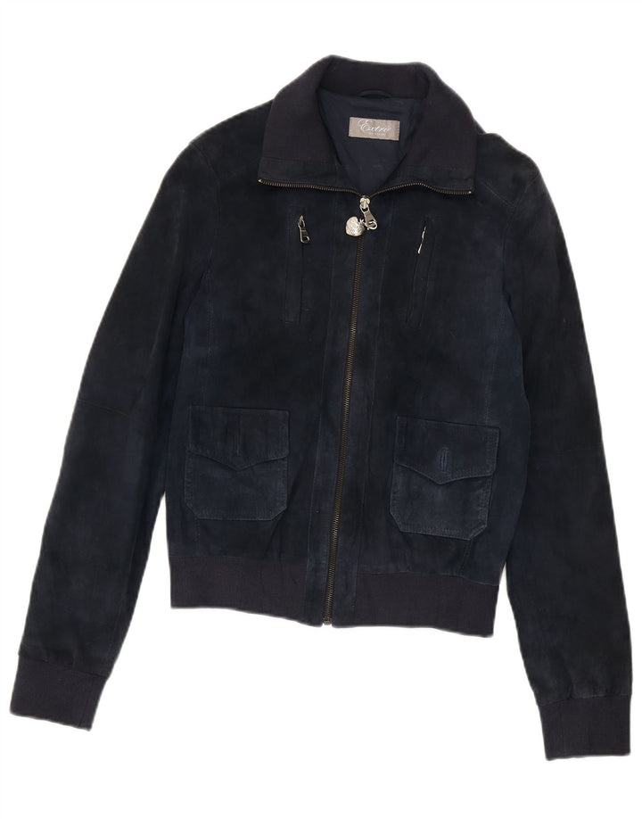 Vintage Womens Suede Bomber Jacket UK 12 Medium Navy Blue Leather
