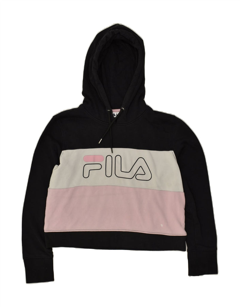 FILA Womens Graphic Crop Hoodie Jumper UK 16 Large Black Colourblock | Vintage Fila | Thrift | Second-Hand Fila | Used Clothing | Messina Hembry 