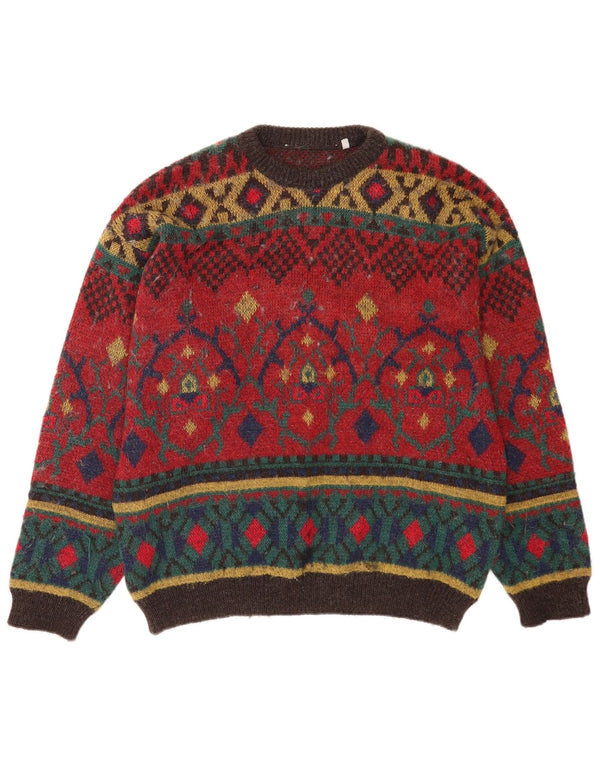 Vintage Mens Boat Neck Jumper Sweater Large Red Geometric Wool