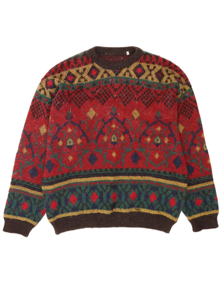Vintage Mens Boat Neck Jumper Sweater Large Red Geometric Wool