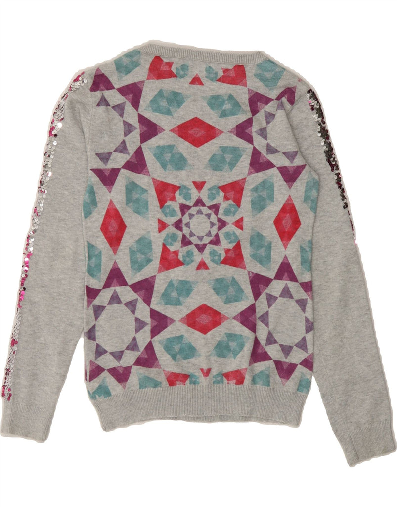 DESIGUAL Girls Boat Neck Jumper Sweater 9-10 Years Grey Geometric Heart Vintage Desigual and Second-Hand Desigual from Messina Hembry 