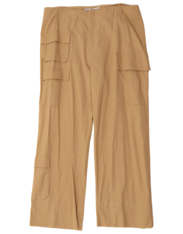 Zara Womens High Waist Wide Leg Cargo Trousers Large W30 L28 Beige Cotton
