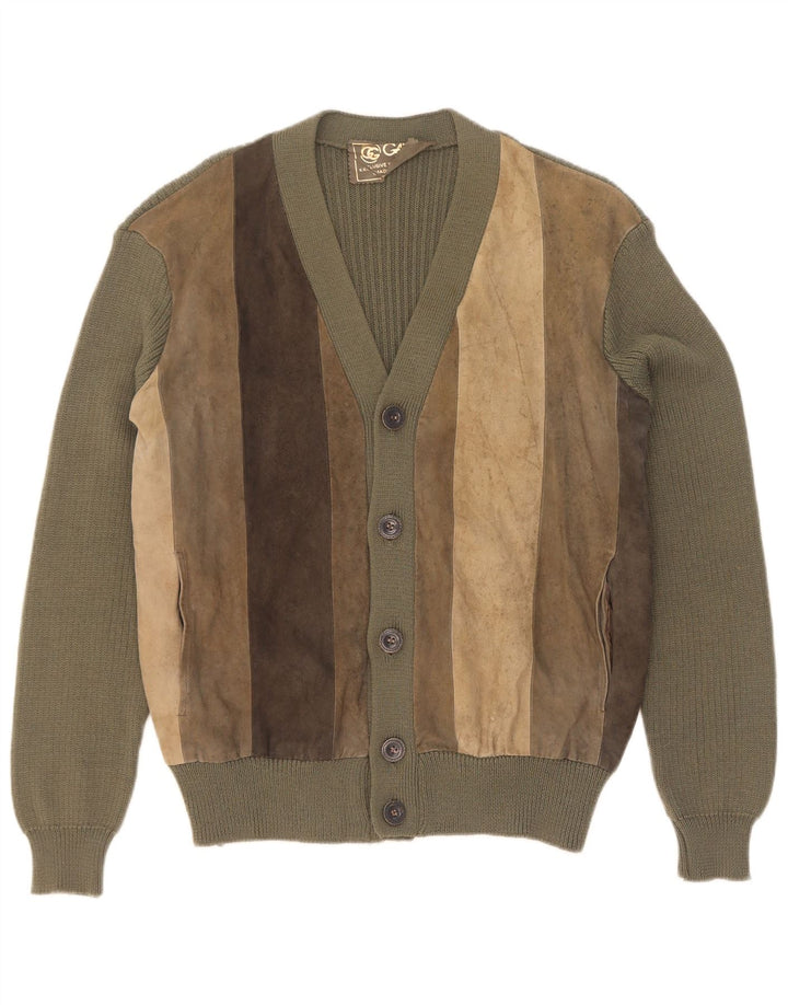 Vintage Mens Suede Cardigan Sweater IT 50 Medium Khaki Colourblock Wool