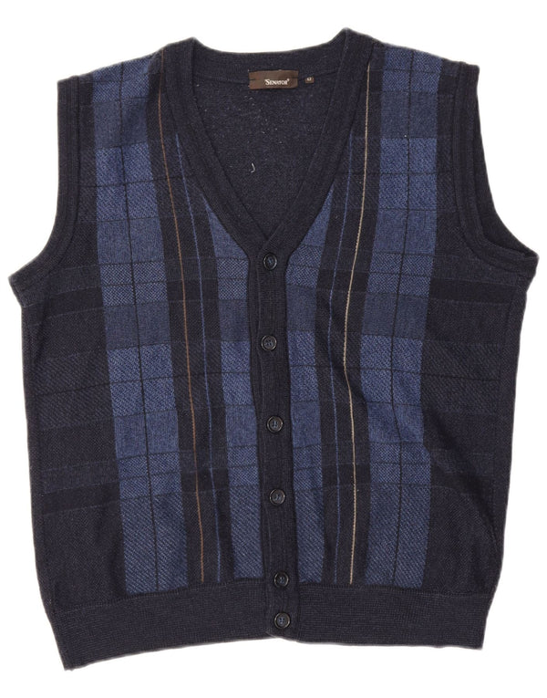 Senator Mens Sleeveless Cardigan Sweater IT 52 Large Navy Blue Check