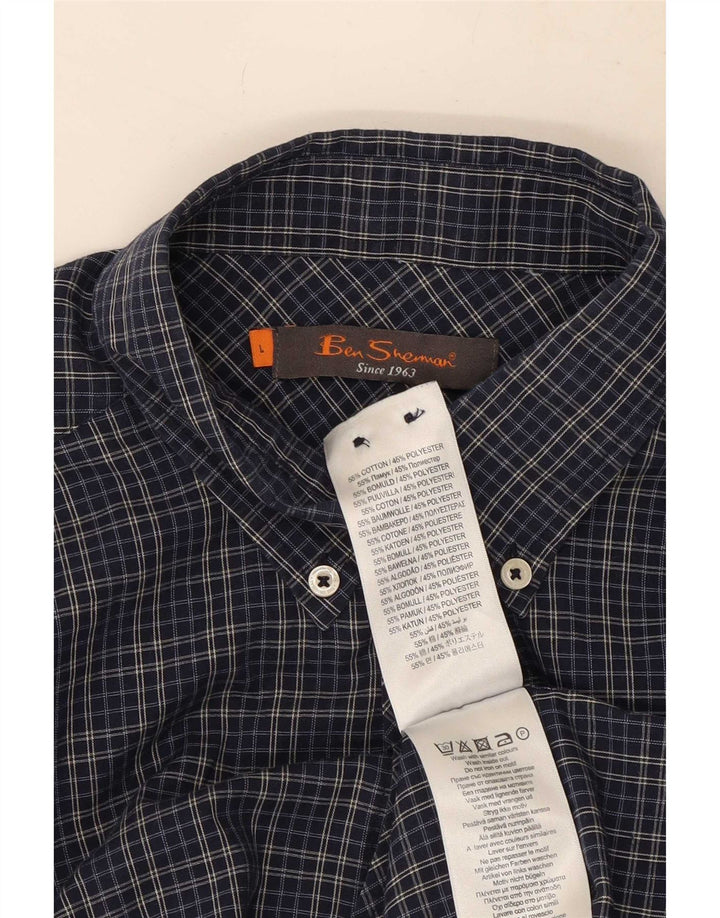 Ben Sherman Mens Shirt Large Navy Blue Check Cotton