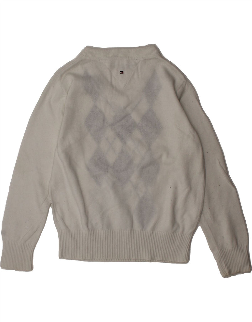 TOMMY HILFIGER Boys V-Neck Jumper Sweater 3-4 Years White Argyle/Diamond Vintage Tommy Hilfiger and Second-Hand Tommy Hilfiger from Messina Hembry 