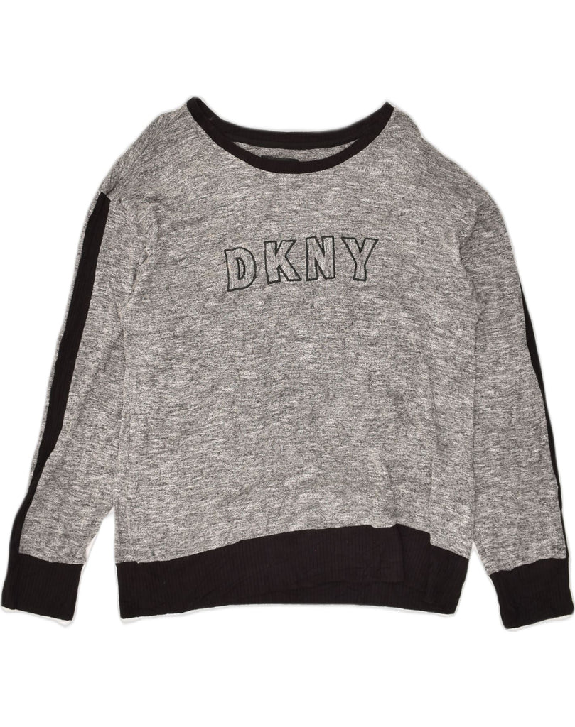 DKNY Womens Graphic Sweatshirt Jumper UK 16 Large Grey Flecked Viscose | Vintage Dkny | Thrift | Second-Hand Dkny | Used Clothing | Messina Hembry 