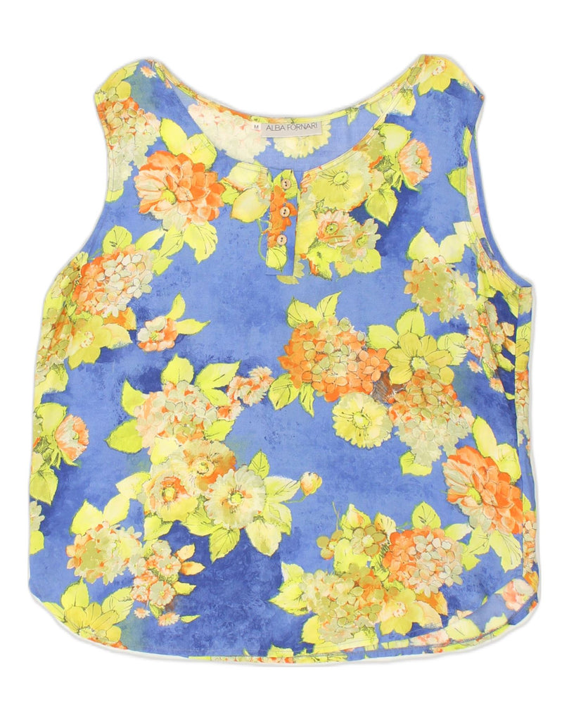 ALBA FORNARI Womens Vest Top UK 14 Medium Blue Floral | Vintage Alba Fornari | Thrift | Second-Hand Alba Fornari | Used Clothing | Messina Hembry 