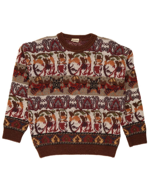Fiume Mens Crew Neck Jumper Sweater IT 50 Medium Burgundy Fair Isle Acrylic