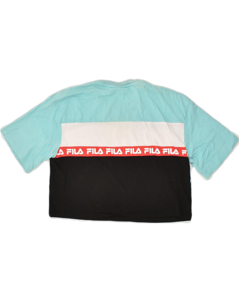 FILA Womens Crop Graphic T-Shirt Top UK 10 Small Blue Colourblock Cotton | Vintage Fila | Thrift | Second-Hand Fila | Used Clothing | Messina Hembry 