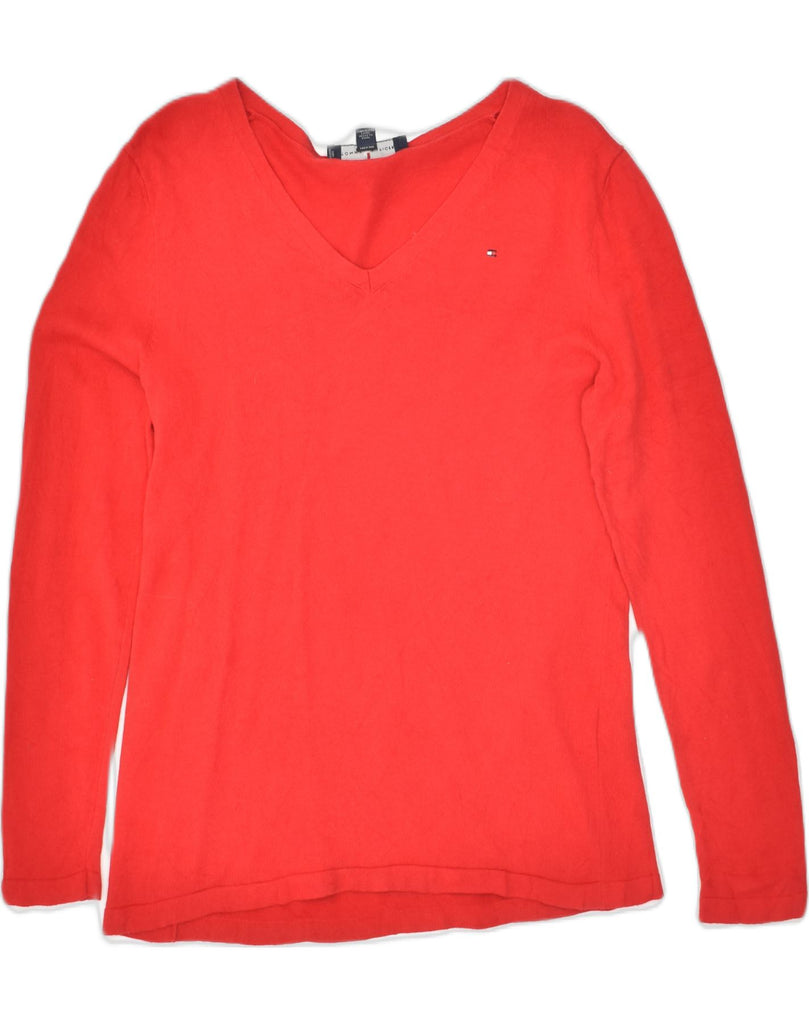 TOMMY HILFIGER Womens V-Neck Jumper Sweater UK 14 Medium Red Cotton | Vintage Tommy Hilfiger | Thrift | Second-Hand Tommy Hilfiger | Used Clothing | Messina Hembry 