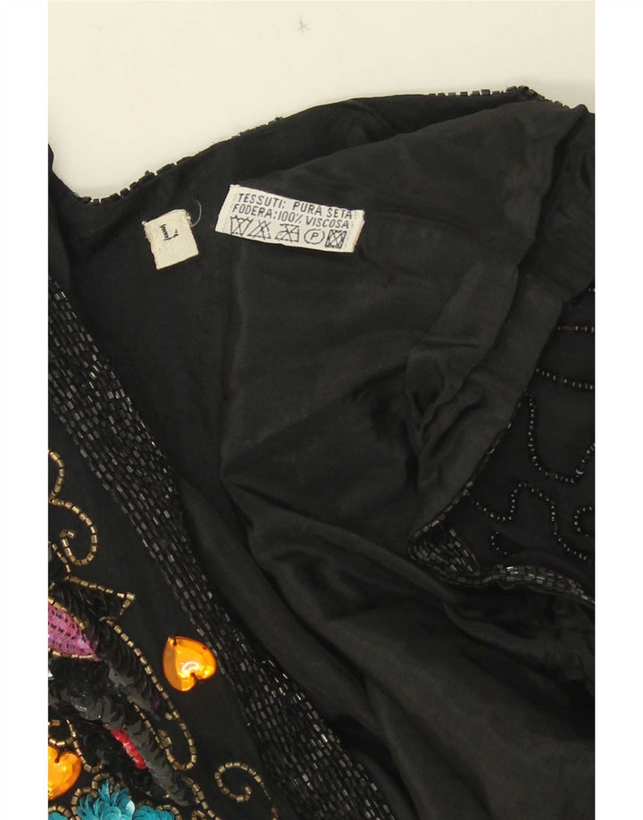 Vintage Womens Evening Blazer Jacket UK 16 Large Black Floral Silk