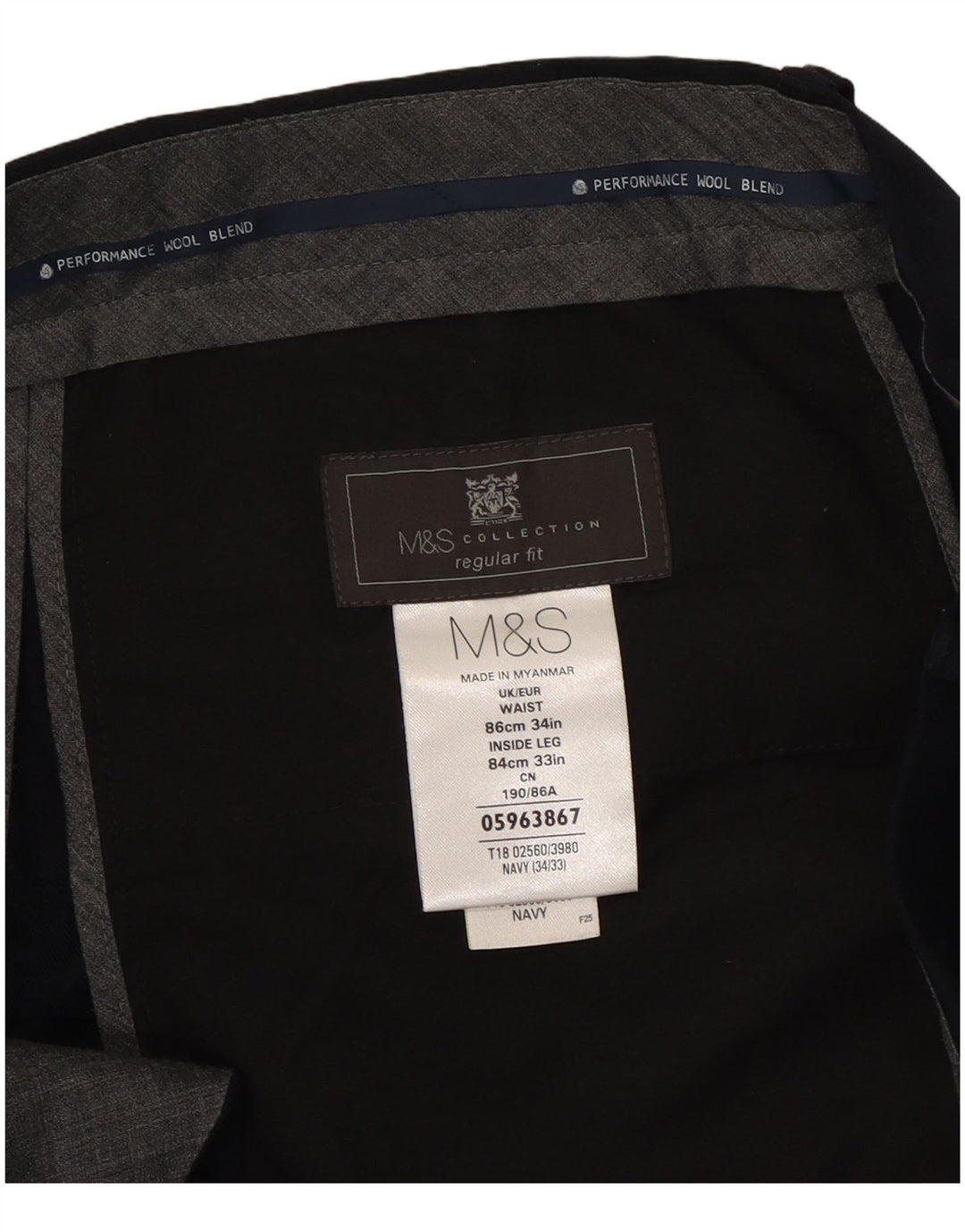Marks & Spencer Mens Pegged Regular Fit Suit Trousers W34 L33 Navy Blue