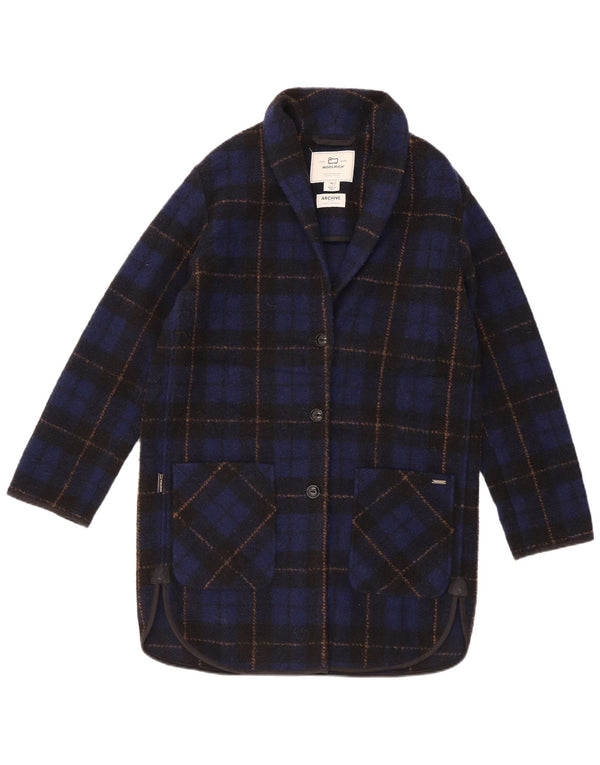 Woolrich Womens Oversized Overcoat UK 6 XS Navy Blue Check Polyester