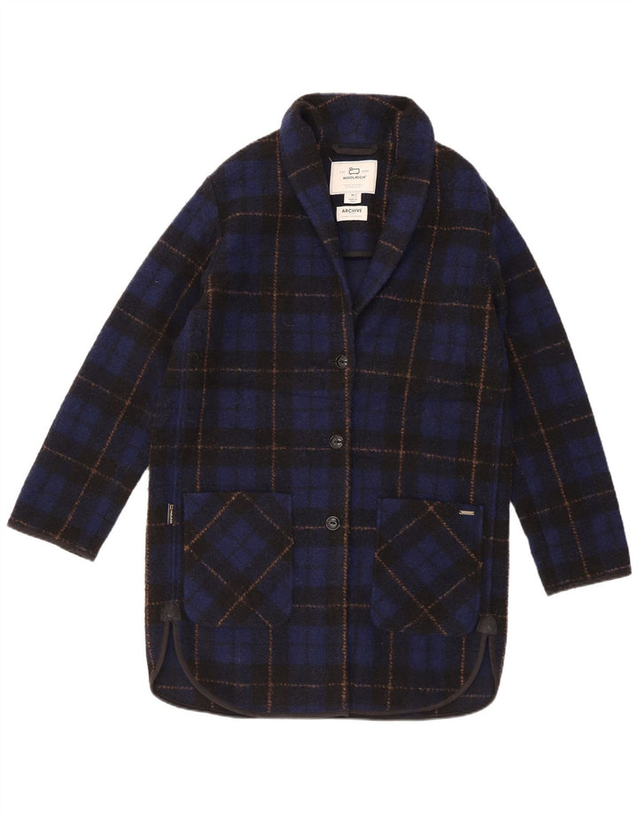 Woolrich Womens Oversized Overcoat UK 6 XS Navy Blue Check Polyester