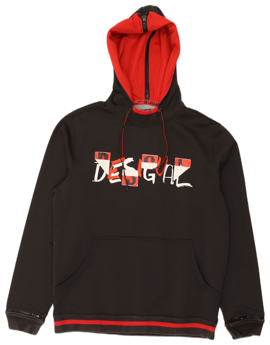 Desigual Mens Graphic Hoodie Jumper XL Black Colourblock Polyester