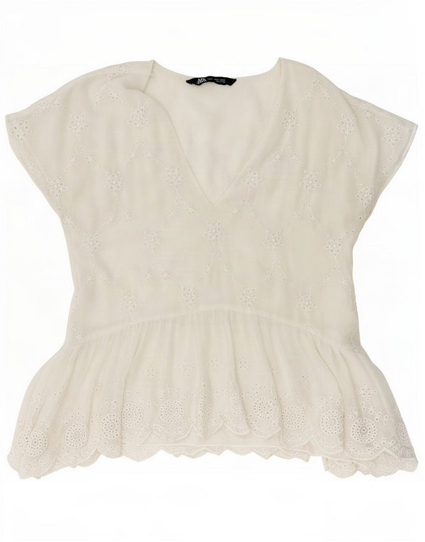 Zara Womens Blouse Top UK 10 Small White Floral