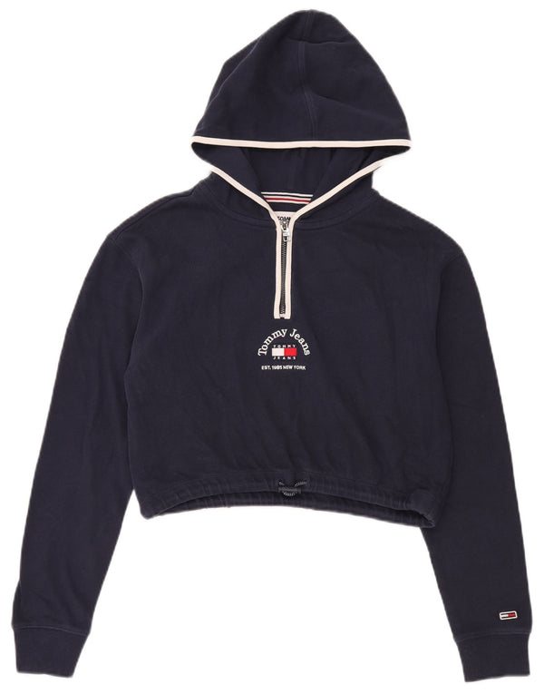 Tommy Hilfiger Womens Crop Graphic Hoodie Jumper UK 6 XS Navy Blue Cotton
