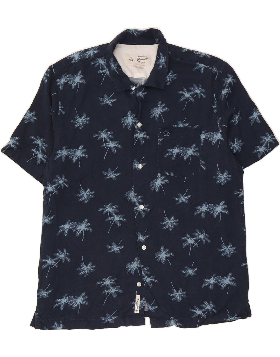 PENGUIN Mens Abstract Pattern Short Sleeve Shirt Medium Navy Blue Viscose Vintage Penguin and Second-Hand Penguin from Messina Hembry 