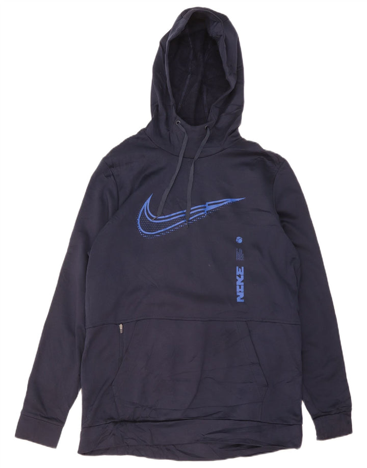 NIKE Mens Dri Fit Graphic Hoodie Jumper Large Navy Blue Polyester