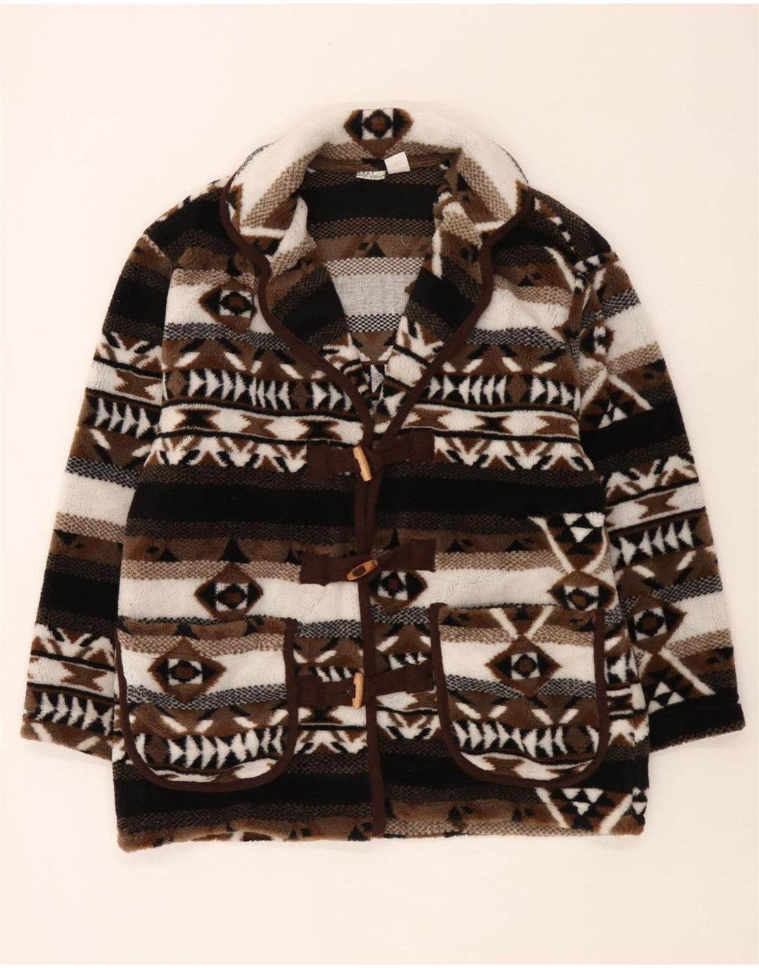 Vintage Womens Oversized Knit Duffle Coat UK 10/12 Small Brown Fair Isle