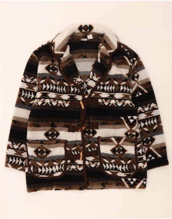Vintage Womens Oversized Knit Duffle Coat UK 10/12 Small Brown Fair Isle
