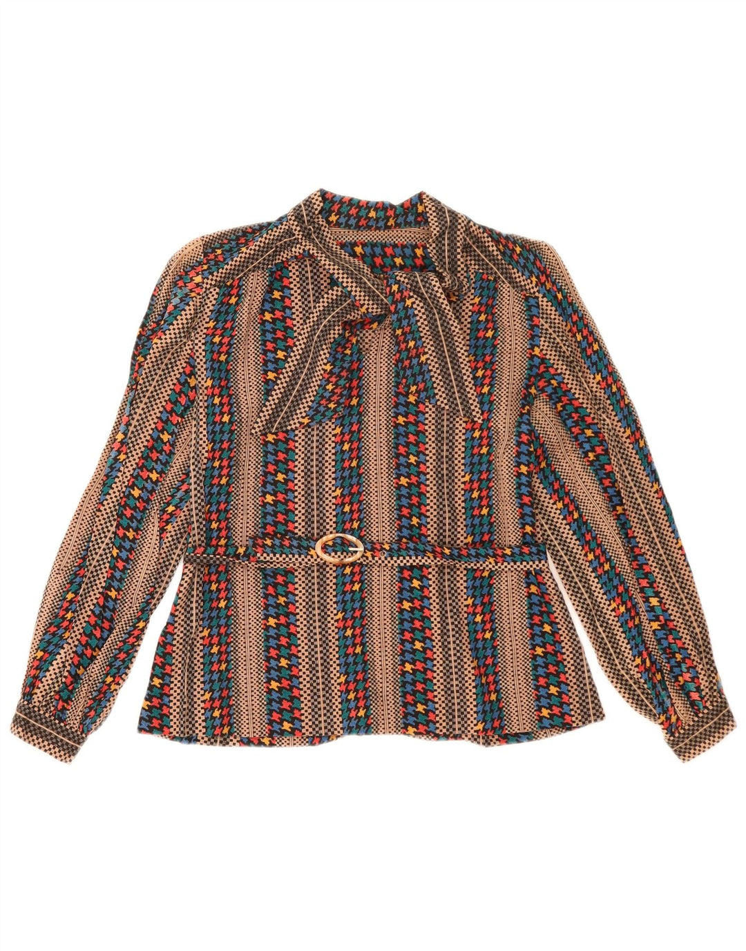 Vintage Womens Long Sleeve Blouse Top UK 14 Medium Brown Striped
