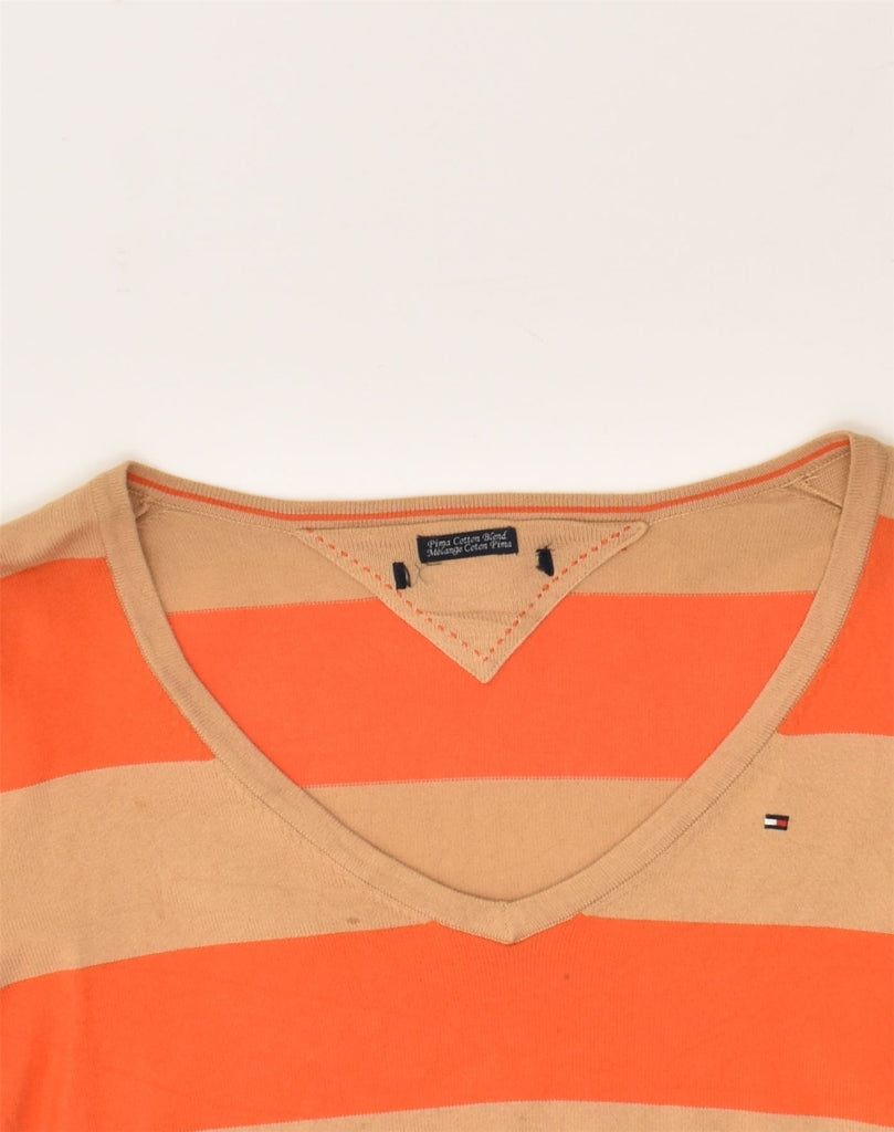 TOMMY HILFIGER Mens V-Neck Jumper Sweater Small Orange Striped Cotton | Vintage Tommy Hilfiger | Thrift | Second-Hand Tommy Hilfiger | Used Clothing | Messina Hembry 