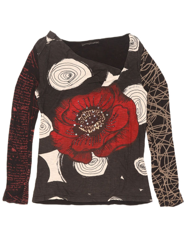 Desigual Womens Graphic Top Long Sleeve UK 12 Medium Black Floral Viscose