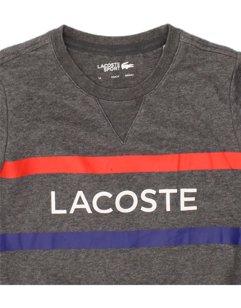 LACOSTE Boys Graphic Sweatshirt Jumper 11-12 Years Grey Striped Cotton Vintage Lacoste and Second-Hand Lacoste from Messina Hembry 