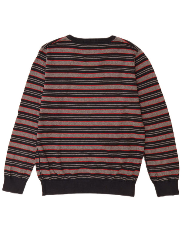Jack & Jones Mens V-Neck Jumper Sweater Medium Grey Striped Cotton