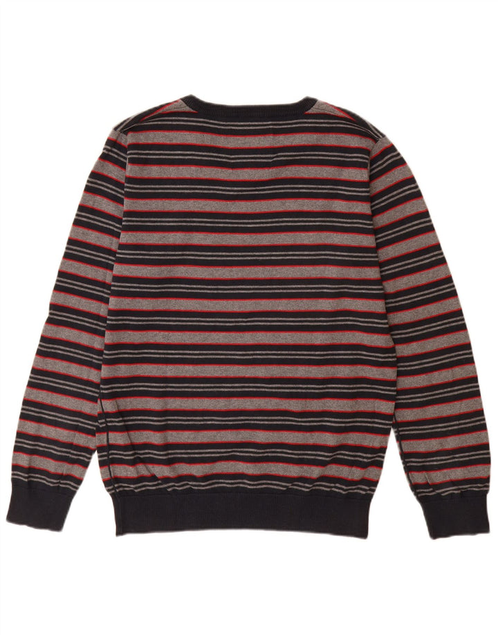Jack & Jones Mens V-Neck Jumper Sweater Medium Grey Striped Cotton