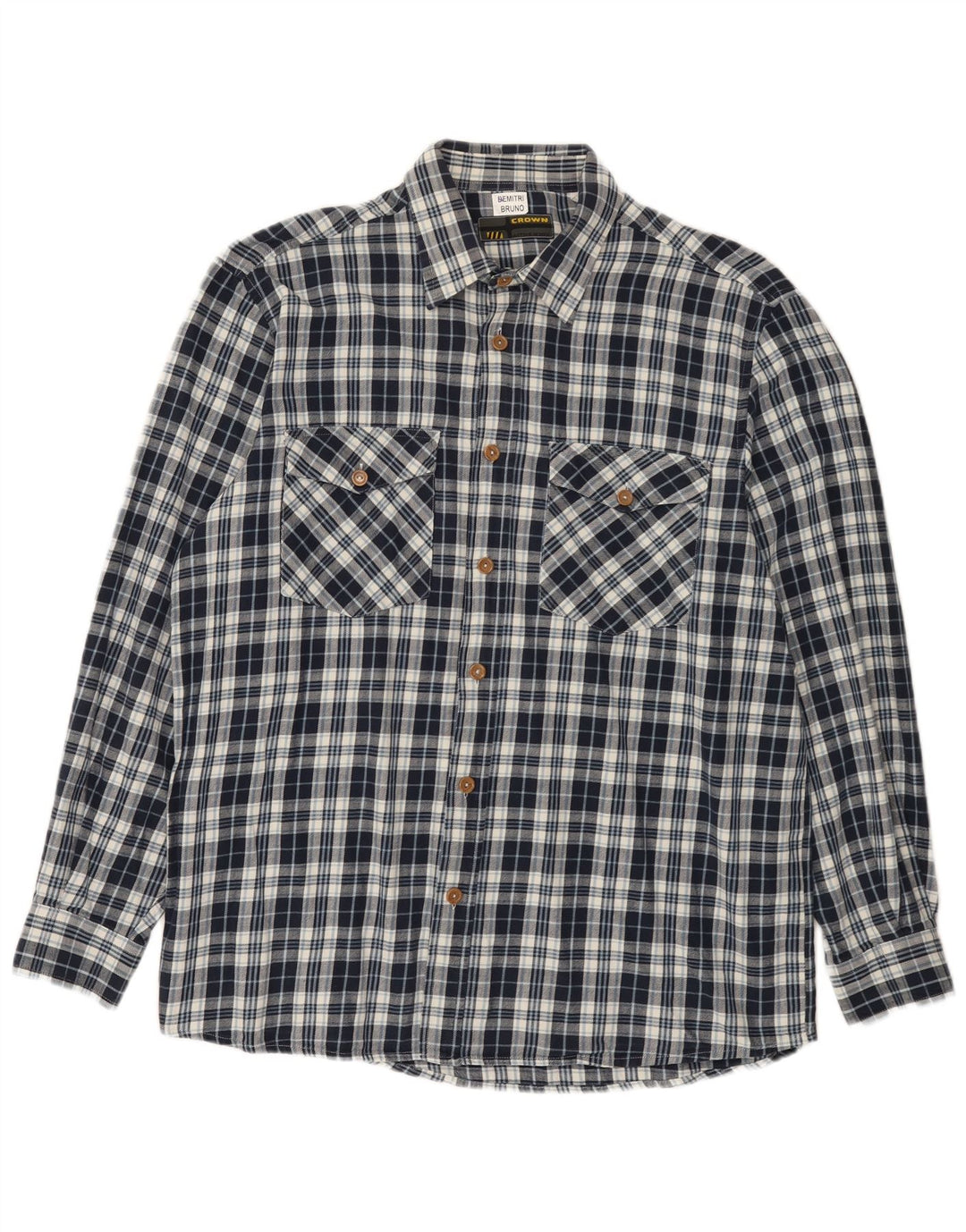 Crown Mens Flannel Shirt Size 44 XL Navy Blue Check Cotton