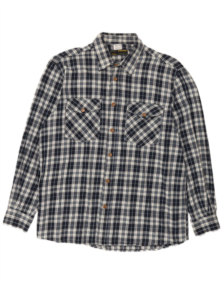Crown Mens Flannel Shirt Size 44 XL Navy Blue Check Cotton