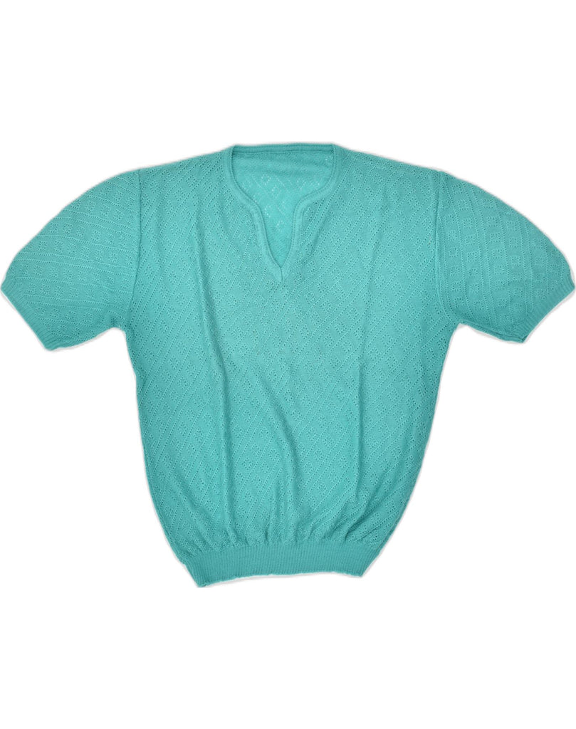 VINTAGE Womens Short Sleeve Knit Blouse Top UK 18 XL Turquoise Acrylic | Vintage Vintage | Thrift | Second-Hand Vintage | Used Clothing | Messina Hembry 