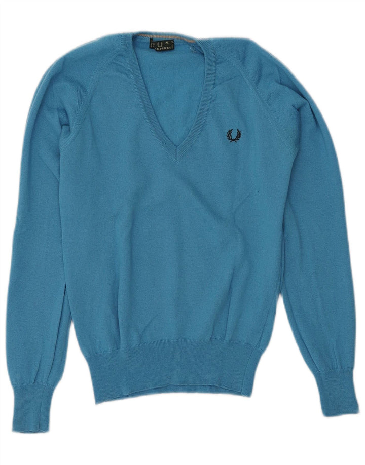 Fred Perry Womens V-Neck Jumper Sweater UK 12 Medium Blue Wool