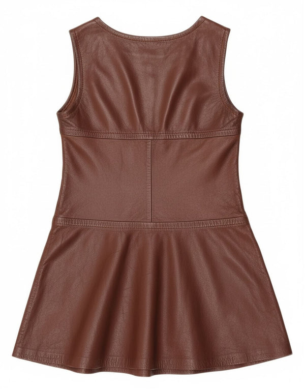 Vintage Womens Sleeveless Leather A-Line Dress UK 10 Small Brown