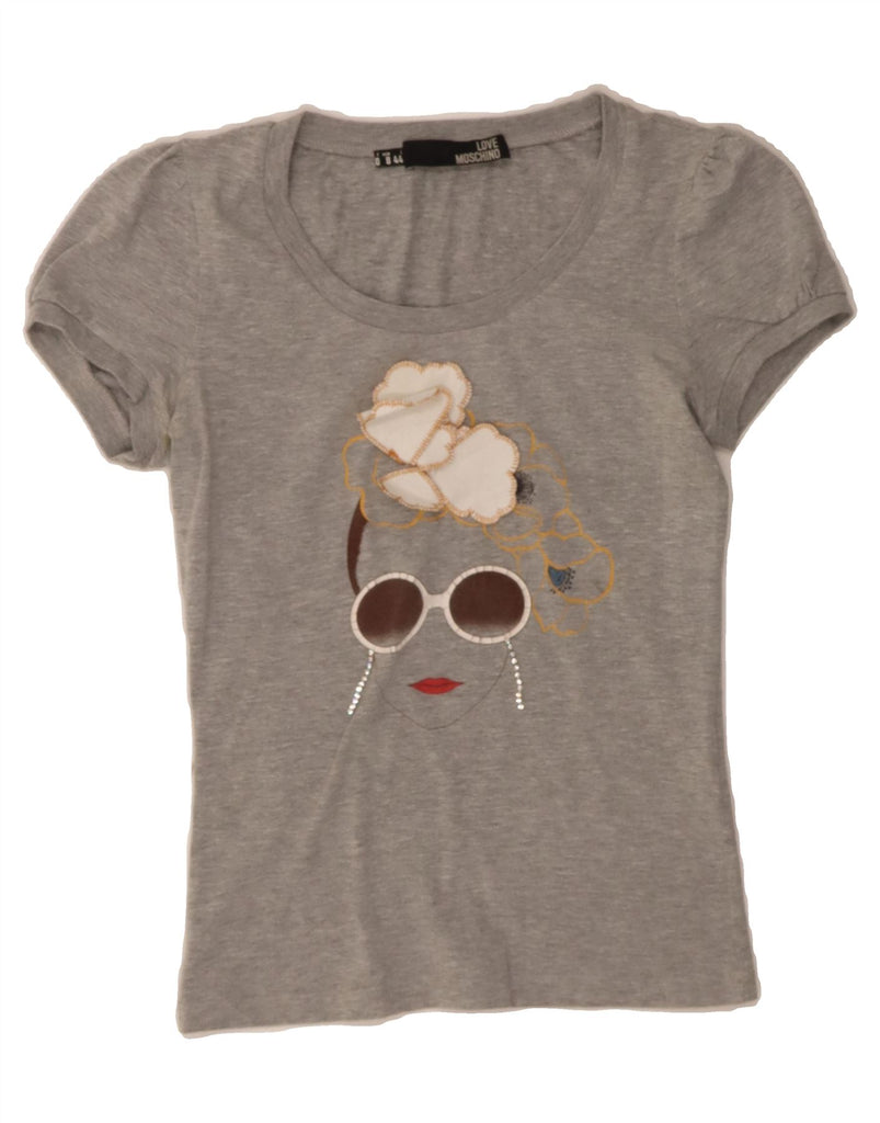 MOSCHINO Womens Graphic T-Shirt Top UK 12 Medium Grey Cotton Vintage Moschino and Second-Hand Moschino from Messina Hembry 