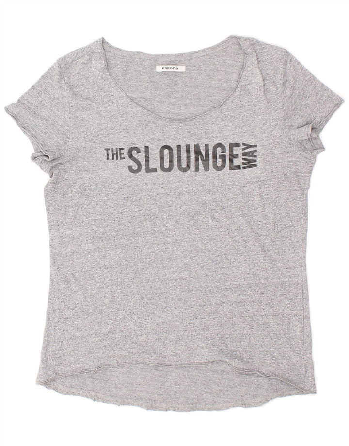 FREDDY Womens Graphic T-Shirt Top UK 12 Medium Grey Flecked Cotton Vintage Freddy and Second-Hand Freddy from Messina Hembry 