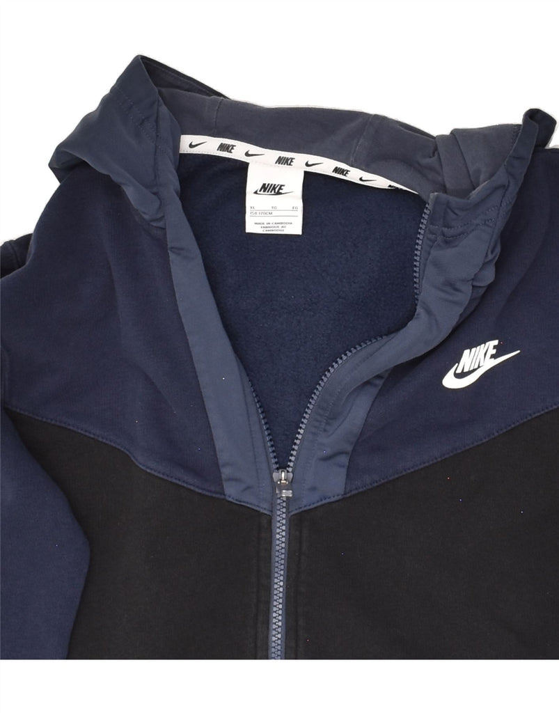 NIKE Boys Graphic Zip Hoodie Sweater 13-14 Years XL Navy Blue Colourblock Vintage Nike and Second-Hand Nike from Messina Hembry 