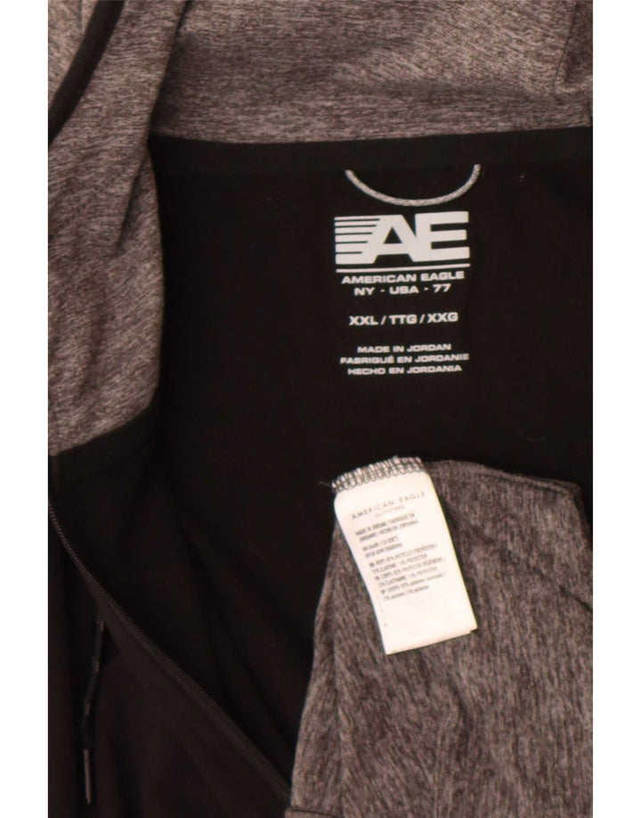 American Eagle Mens Graphic Zip Hoodie Sweater 2XL Grey Colourblock