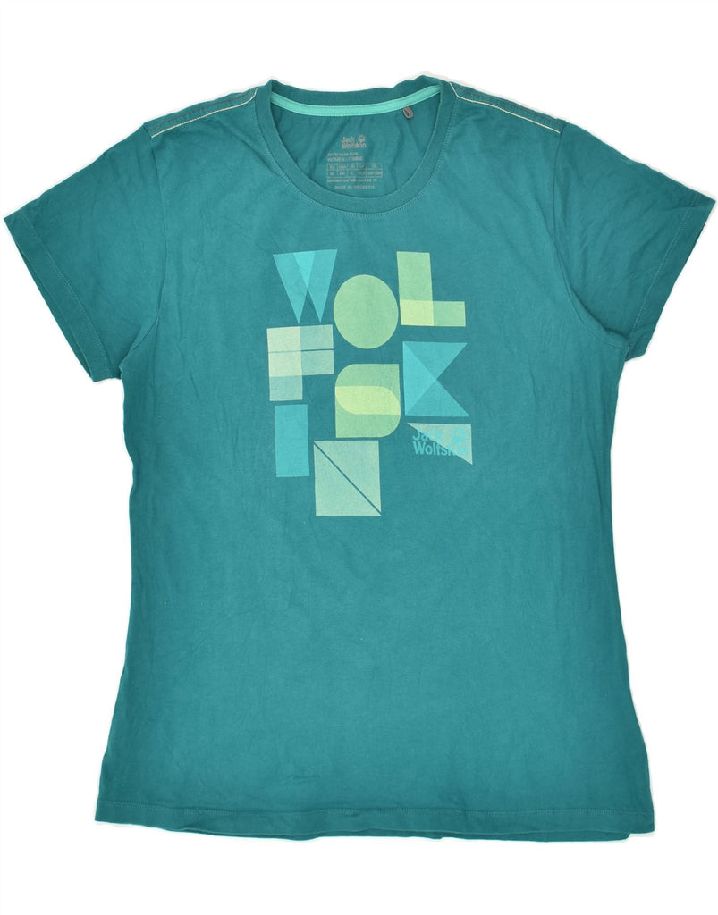 JACK WOLFSKIN Womens Graphic T-Shirt Top UK 18/20 XL Turquoise Cotton | Vintage Jack Wolfskin | Thrift | Second-Hand Jack Wolfskin | Used Clothing | Messina Hembry 