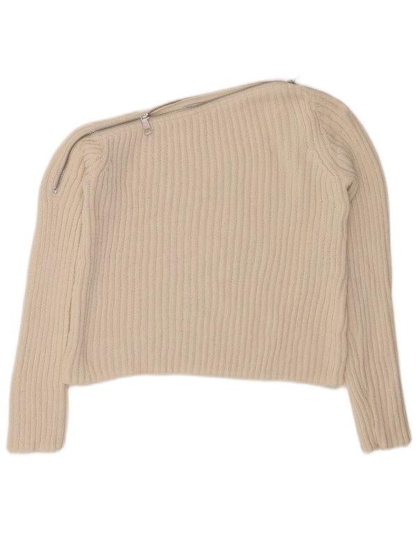 ZARA Womens Crop Boat Neck Jumper Sweater UK 12 Medium Off White Polyester