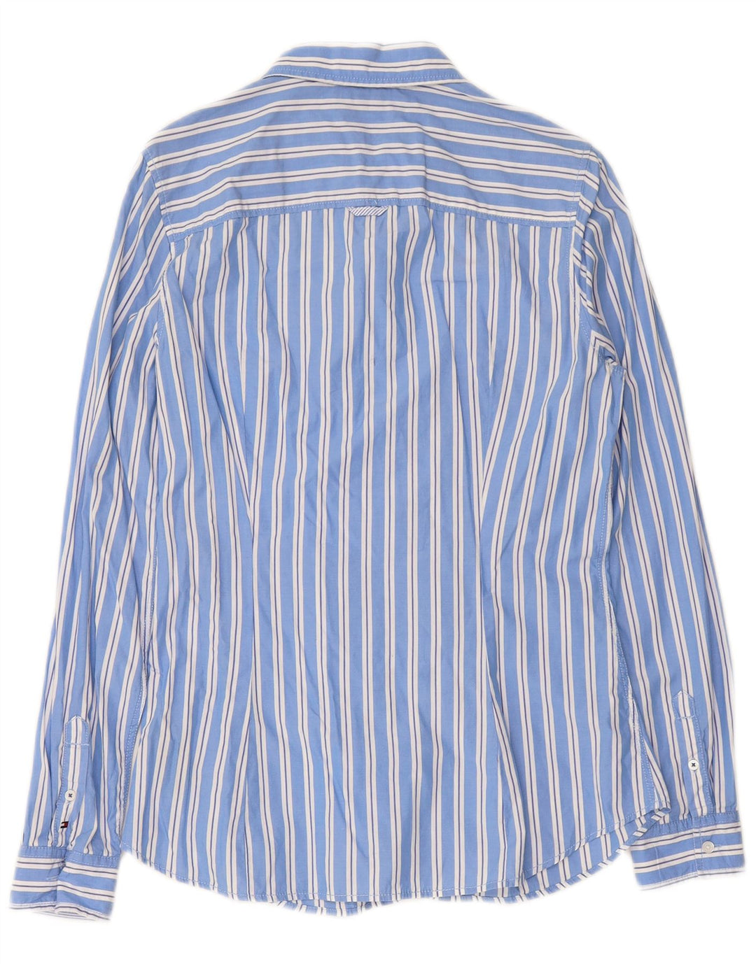 TOMMY HILFIGER Womens Ruffle Front Shirt US 10 Large Blue Striped Cotton