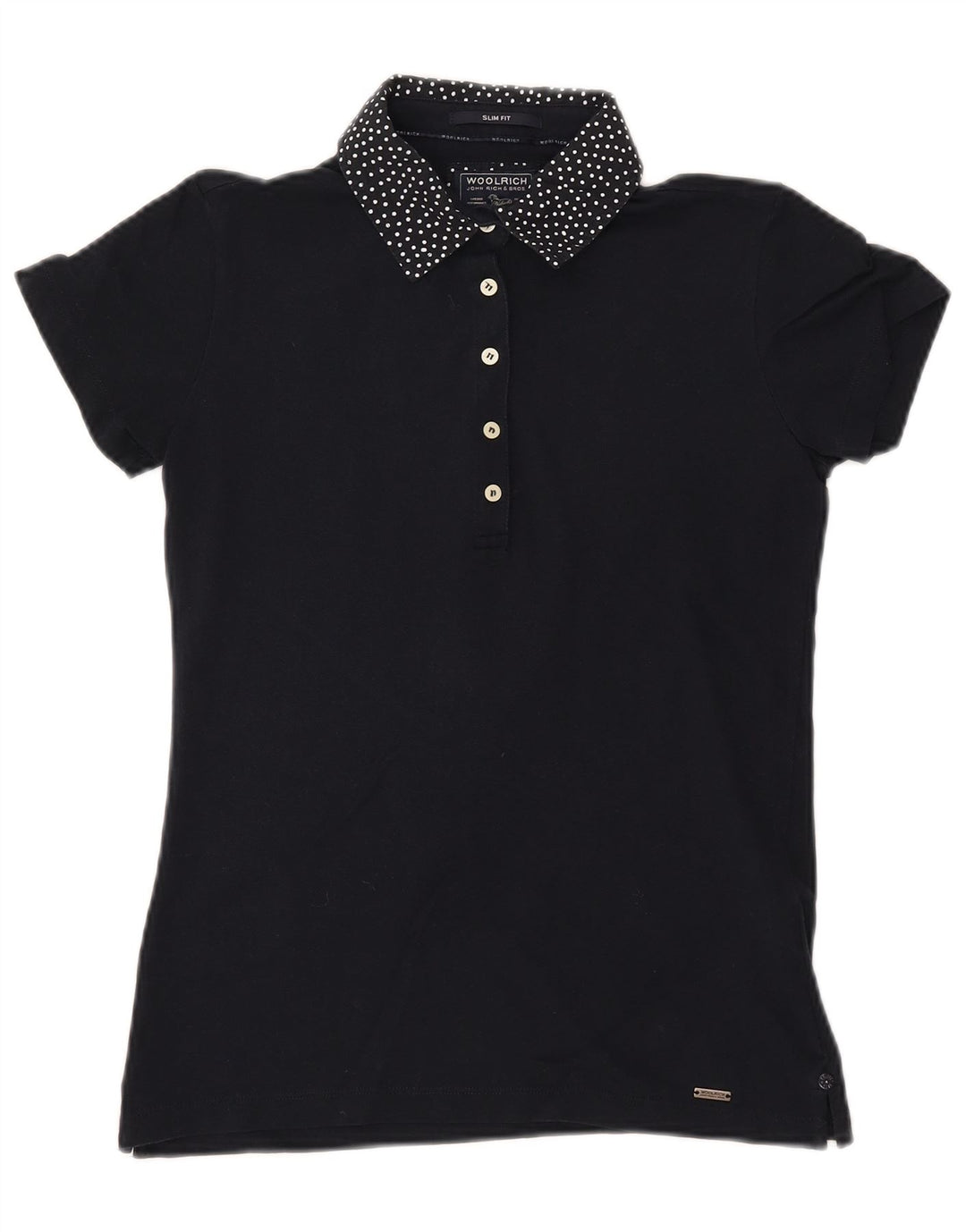 WOOLRICH Womens Slim Fit Polo Shirt UK 12 Medium Navy Blue Spotted Cotton