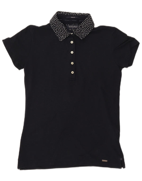 WOOLRICH Womens Slim Fit Polo Shirt UK 12 Medium Navy Blue Spotted Cotton