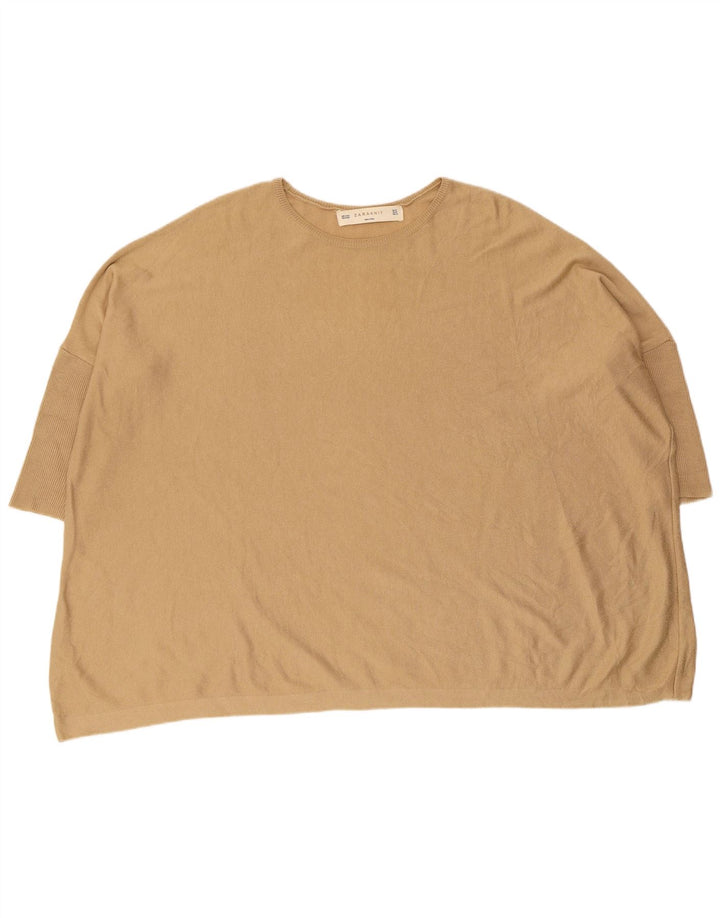 Zara Womens Short Sleeve Crew Neck Jumper Sweater UK 14 Medium Beige