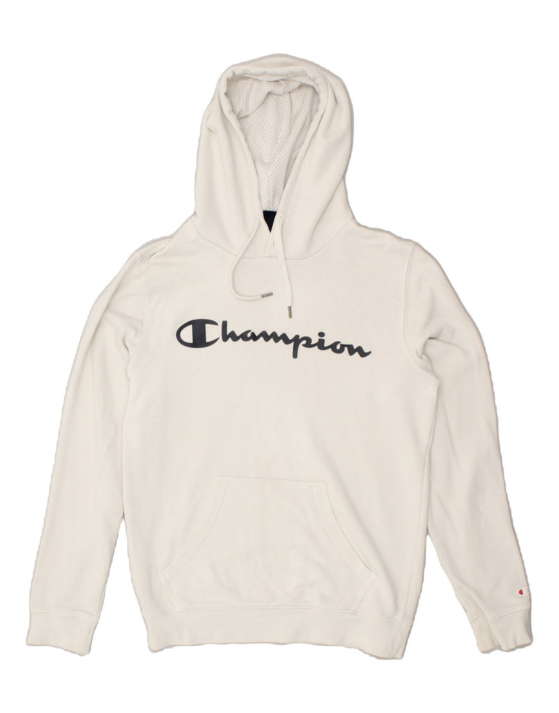 CHAMPION Mens Graphic Hoodie Jumper Small White Vintage Champion and Second-Hand Champion from Messina Hembry 