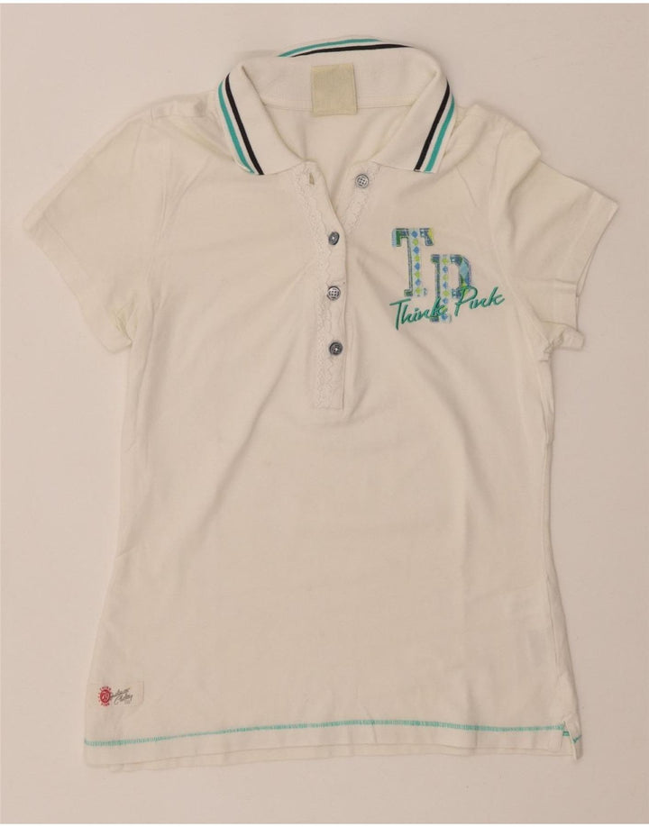 THINK PINK Womens Graphic Polo Shirt UK 8 Small White Cotton