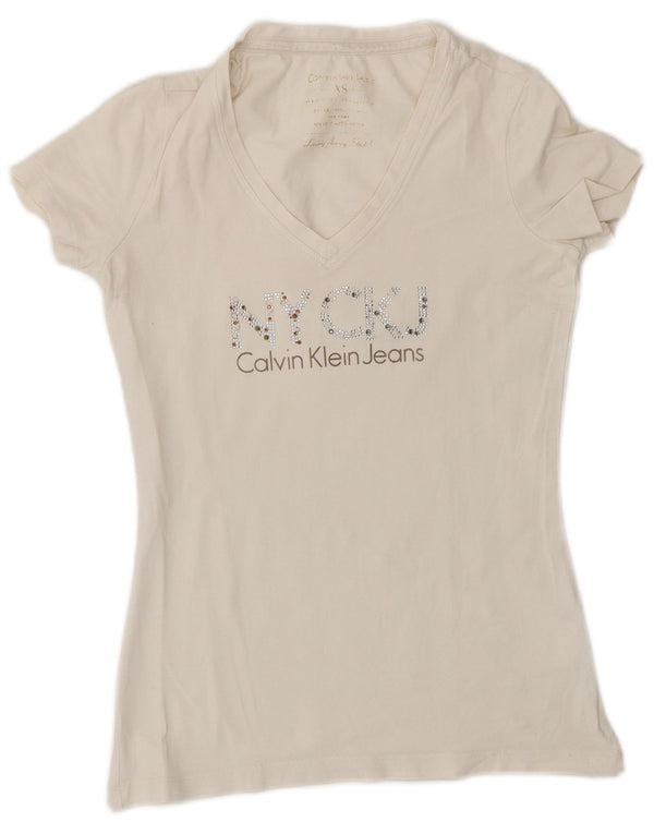 Calvin Klein Jeans Womens Graphic T-Shirt Top UK 6 XS White Cotton
